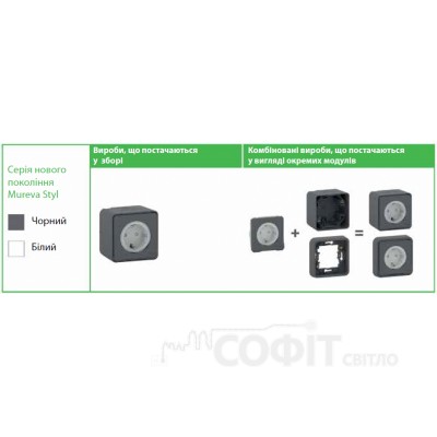 Бокс для зовнішнього монтажу одинарний вологозахищений IP55, чорний, Schneider Electric Mureva Styl, MUR37911