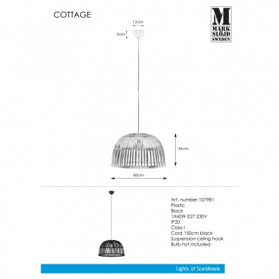 Подвесной светильник MarkSlojd Sweden COTTAGE Pendant 1L Black 107981