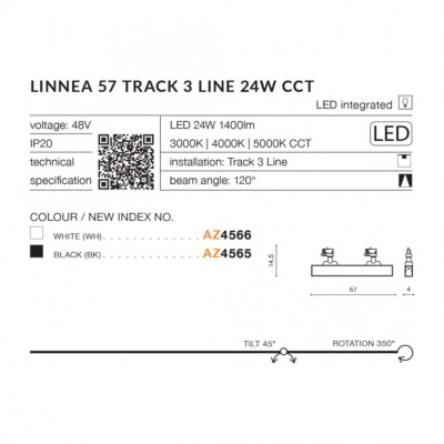 Трековый светильник AZzardo LINNEA 57 TRACK 3LINE 24W CCT WH AZ4566