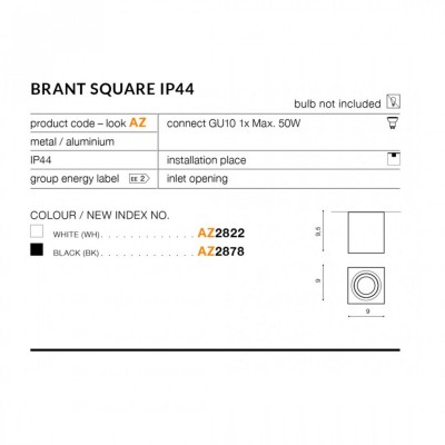Точечный светильник AZzardo BRANT SQUARE IP44 WHITE AZ2822