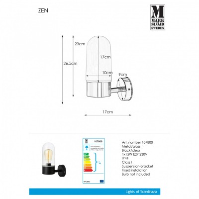 Бра MarkSlojd Sweden ZEN Wall 1L Black/Clear IP44 107800
