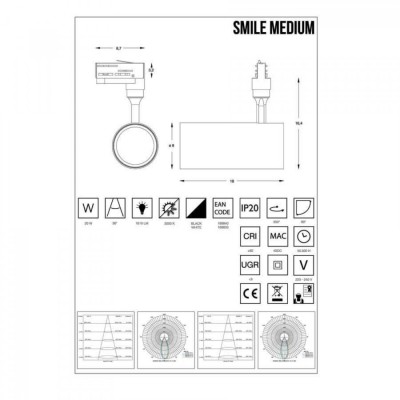 Трековый светильник Ideal Lux SMILE 20W CRI90 24° 3000K BK 189666 Трековый светильник Ideal Lux SMILE 20W CRI90 24° 3000K BK 189666