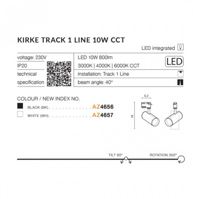 Трековый светильник AZzardo KIRKE TRACK 1LINE 10W CCT BK AZ4656