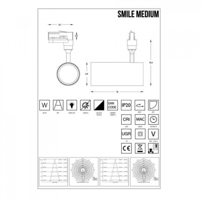 Трековый светильник Ideal Lux SMILE 20W CRI80 24° 3000K WH 189635 Трековый светильник Ideal Lux SMILE 20W CRI80 24° 3000K WH 189635