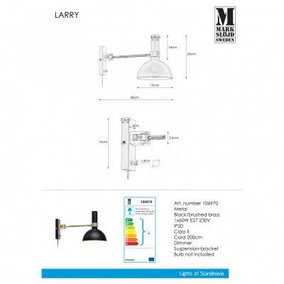 Бра MarkSlojd Швеция LARRY Wall 1L Black/Brushed Brass 106970