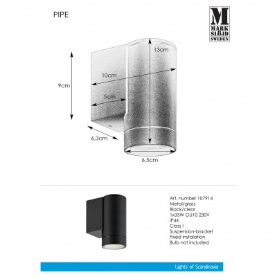 Архітектурне освітлення MarkSlojd Sweden PIPE Wall 1L Black IP44 107914