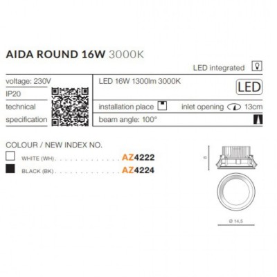 Точечный светильник AZzardo AIDA ROUND 16W 3000K BK AZ4224