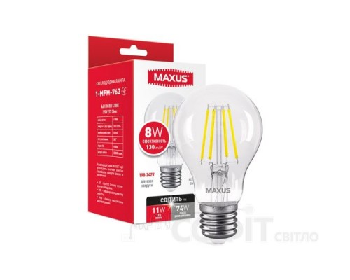 Лампа светодиодная A60 Maxus филамент 1-MFM-763 8W 4100K 220V E27 Clear