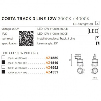 Трековий світильник AZzardo COSTA TRACK 3LINE 12W 4000K WH AZ4552