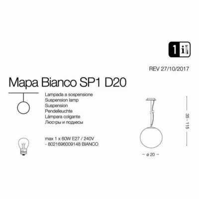 Подвесной светильник Ideal Lux MAPA SP1 D20 CROMO SFUMATO 140711