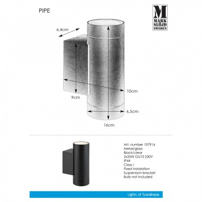 Архитектурное освещение MarkSlojd Sweden PIPE Wall 2L Black IP44 107916