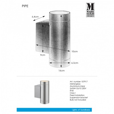 Архітектурне освітлення MarkSlojd Sweden PIPE Wall 2L Aluminium IP44 107917
