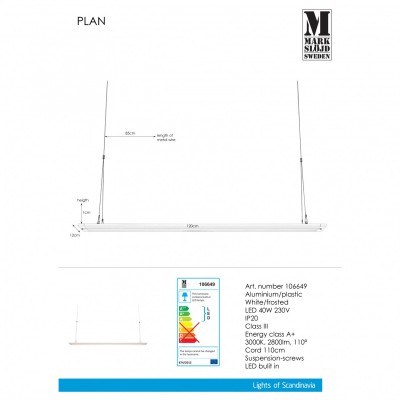 Подвесной светильник MarkSlojd Sweden PLAN Panel 120cm 40W White 106649