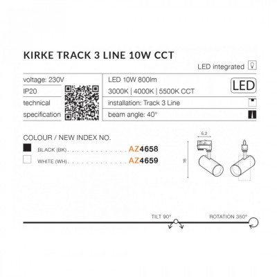 Трековий світильник AZzardo KIRKE TRACK 3LINE 10W CCT WH AZ4659