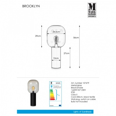 Настільна лампа MarkSlojd Sweden BROOKLYN Table 1L 56cm Black/Smoke 107479