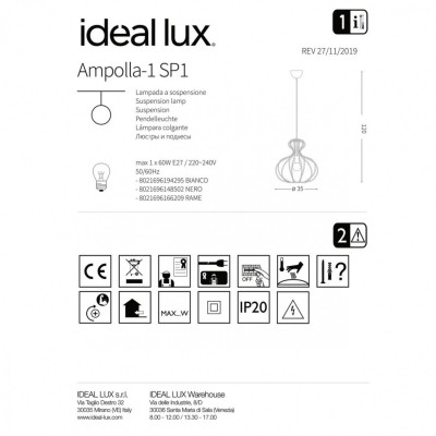 Подвесной светильник Ideal Lux AMPOLLA-1 SP1 NERO 148502 Подвесной светильник Ideal Lux AMPOLLA-1 SP1 NERO 148502