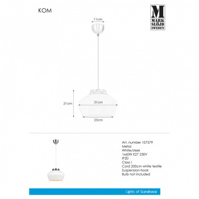 Підвісний світильник MarkSlojd Sweden KOM Pendant 31cm White/Steel 107379