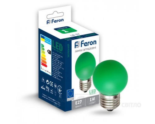 Лампа светодиодная G45 Feron LB-37 1W E27 зеленая
