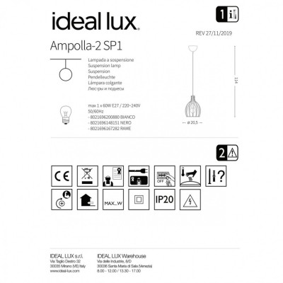 Подвесной светильник Ideal Lux AMPOLLA-2 SP1 NERO 148151 Подвесной светильник Ideal Lux AMPOLLA-2 SP1 NERO 148151