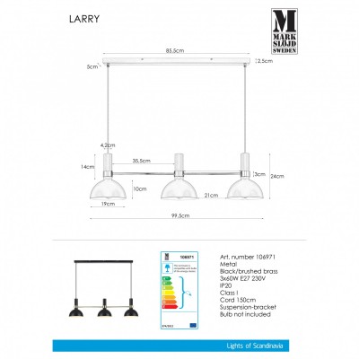 Підвісний світильник MarkSlojd Sweden LARRY Pendant 3L Black/Brushed Brass 106971 Підвісний світильник MarkSlojd Sweden LARRY Pendant 3L Black/Brushed Brass 106971