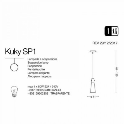 Подвесной светильник Ideal Lux KUKY SP1 TRASPARENTE 023021