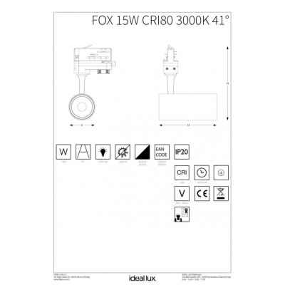 Трековий світильник Ideal Lux FOX 15W CRI80 41° 3000K BK 250427 Трековий світильник Ideal Lux FOX 15W CRI80 41° 3000K BK 250427