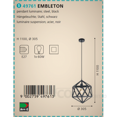 Світильник підвісний Eglo 49761 EMBLETON