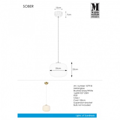 Люстра MarkSlojd Sweden SOBER Pendant 1L Brushed Brass/White 107918