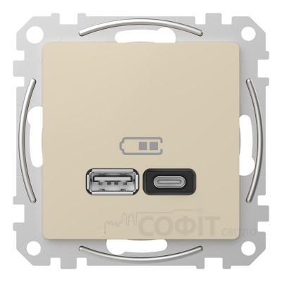 Розетка USB тип A+C 45Вт, бежевий, Sedna Design & Elements SDD112404, Schneider Electric