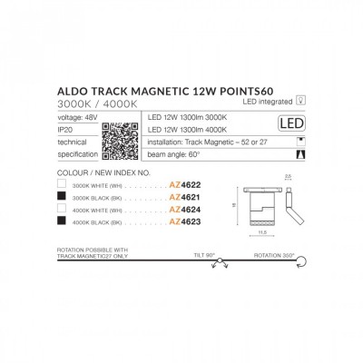 Трековий світильник AZzardo ALDO TRACK MAGNETIC 12W POINTS60 3000K WH AZ4622 Трековий світильник AZzardo ALDO TRACK MAGNETIC 12W POINTS60 3000K WH AZ4622