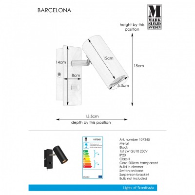 Бра - спот MarkSlojd Sweden BARCELONA Wall 1L Black 107345