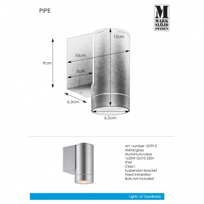 Архітектурне освітлення MarkSlojd Sweden PIPE Wall 1L Aluminium IP44 107915