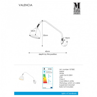 Бра MarkSlojd Sweden VALENCIA Wall 1L White 107582