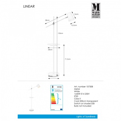 Торшер MarkSlojd Sweden LINEAR Floor 1L USB White 107308