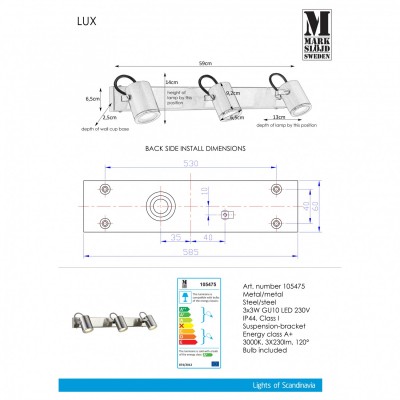 Бра - спот MarkSlojd Sweden LUX Wall Spot 3L Steel IP44 105475