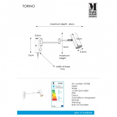 Бра MarkSlojd Sweden TORINO Wall 1L White 107538