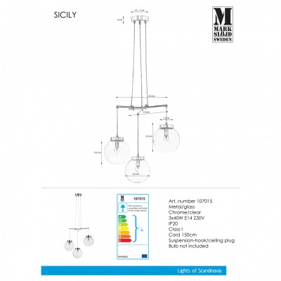 Люстра MarkSlojd Sweden SICILY Pendant 3L Chrome/Clear 107015 Люстра MarkSlojd Sweden SICILY Pendant 3L Chrome/Clear 107015