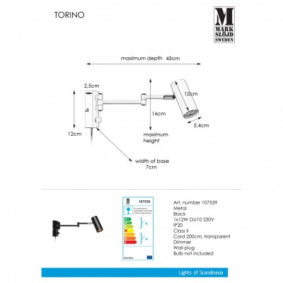 Бра MarkSlojd Sweden TORINO Wall 1L Black 107539
