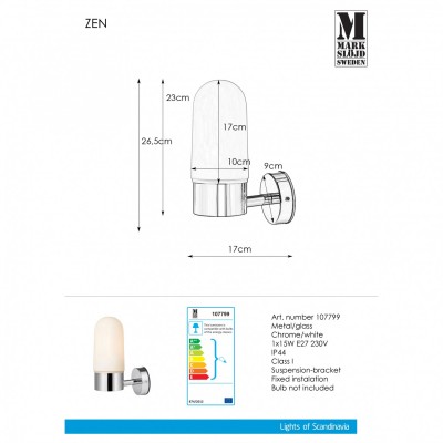 Бра MarkSlojd Sweden ZEN Wall 1L Chrome/White IP44 107799
