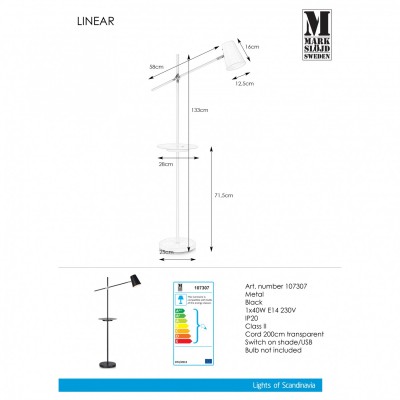 Торшер MarkSlojd Sweden LINEAR Floor 1L USB Black 107307