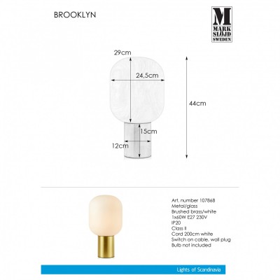 Настільна лампа MarkSlojd Sweden BROOKLYN Table 1L 44cm Brushed Brass/White 107868 Настільна лампа MarkSlojd Sweden BROOKLYN Table 1L 44cm Brushed Brass/White 107868