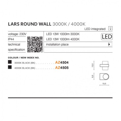 Уличный светильник AZzardo LARS ROUND WALL 3000K DGR AZ4504
