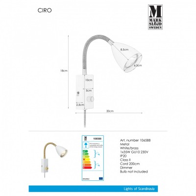 Бра - спот MarkSlojd Sweden CIRO Wall 1L Flex White/Brass 106588