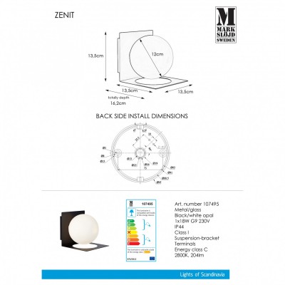 Бра MarkSlojd Sweden ZENIT Wall 1L IP44 Black/Opal 107495
