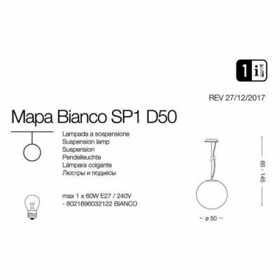 Підвісний світильник Ideal Lux MAPA SP1 D50 BIANCO 032122