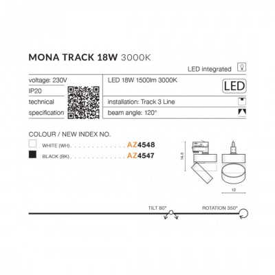 Трековый светильник AZzardo MONA TRACK 3LINE 18W 3000K BK AZ4547