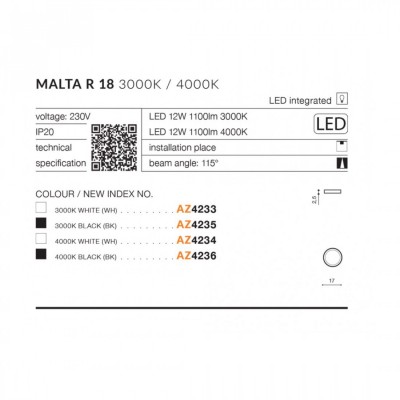 Потолочный светильник AZzardo MALTA R 18 3000K WH AZ4233