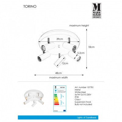 Спот MarkSlojd Sweden TORINO Ceiling 5L White/Steel 107781