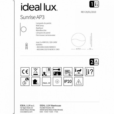 Бра Ideal Lux SUNRISE AP3 NERO E ORO 133270 Бра Ideal Lux SUNRISE AP3 NERO E ORO 133270