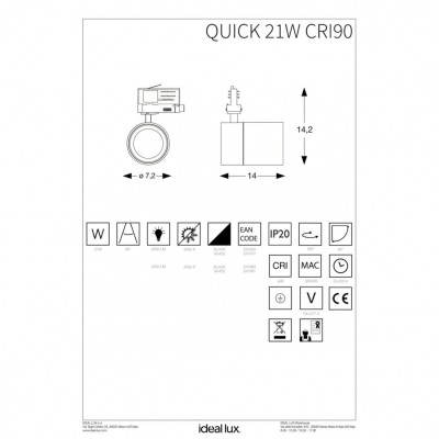 Трековий світильник Ideal Lux QUICK 21W CRI80 30° 4000K WH ON-OFF 247960 Трековий світильник Ideal Lux QUICK 21W CRI80 30° 4000K WH ON-OFF 247960
